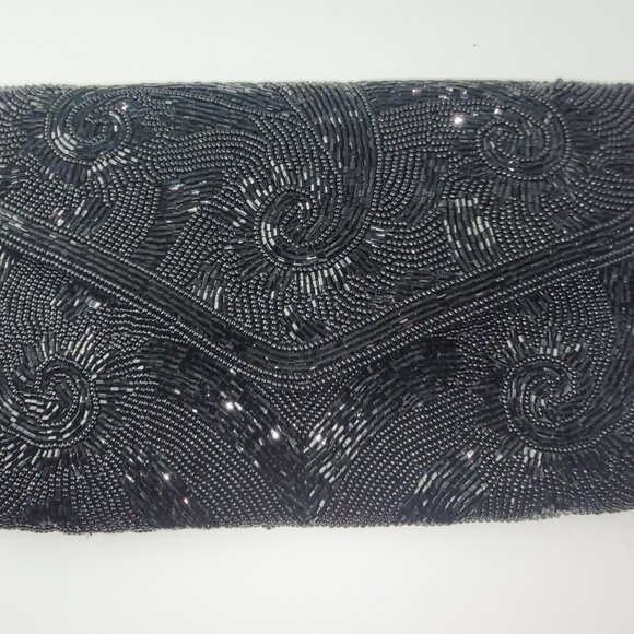 Vintage Delill Black Glass Bead Evening Bag Dress Purse Hand Beaded Snail Chain - Picture 2 of 11